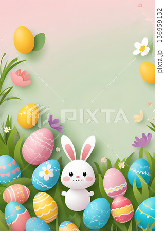 Modern minimalist background for Easter and spring compositions. Made in a calm pastel palette with plenty Modern minimalist background for Easter and spring compositions. Made in a calm pastel palette with plenty 136959132