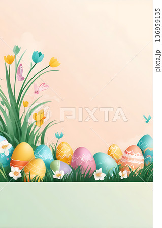 Modern minimalist background for Easter and spring compositions. Made in a calm pastel palette with plenty Modern minimalist background for Easter and spring compositions. Made in a calm pastel palette with plenty 136959135