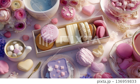 花とマカロンのパステルデザート詰め合わせ 136959833