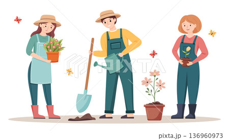 Three gardeners planting flowers and caring for plants in a colorful garden setting. profession set 136960973