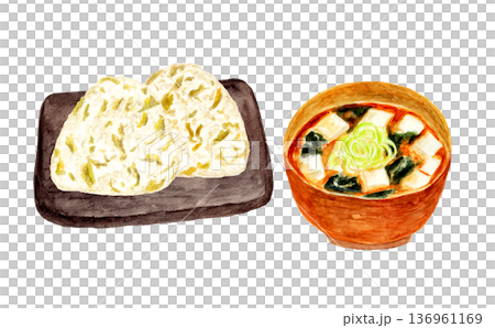 手繪水彩插圖，描繪了芥菜飯糰和味噌湯 136961169