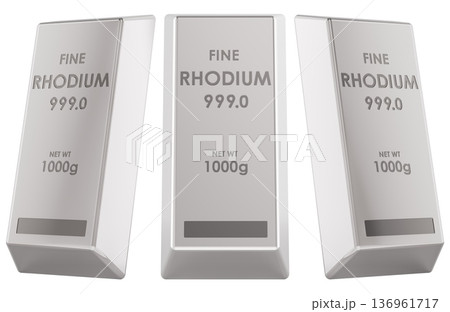 Rhodium bullion bars, side and front views. 3D rendering Rhodium bullion bars, side and front views. 3D rendering 136961717