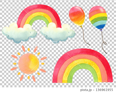 Watercolor set of rainbows in the clouds. Illustration of a sunny, festive mood. Hand drawn in a simple style. Watercolor set of rainbows in the clouds. Illustration of a sunny, festive mood. Hand drawn in a simple style. 136961955