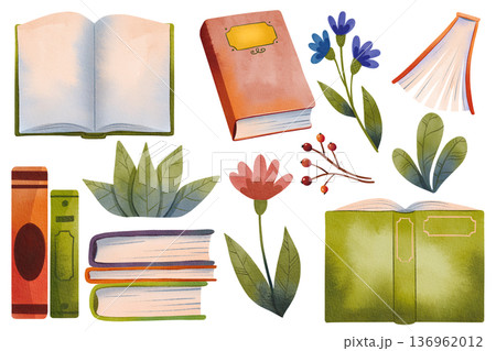Set of hand drawn watercolor book illustrations with flowers Set of hand drawn watercolor book illustrations with flowers 136962012