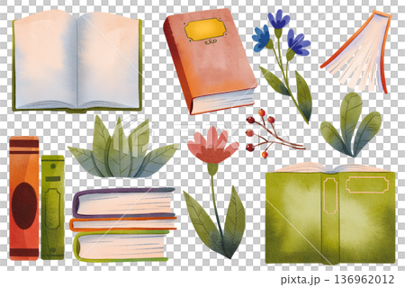 Set of hand drawn watercolor book illustrations with flowers 136962012