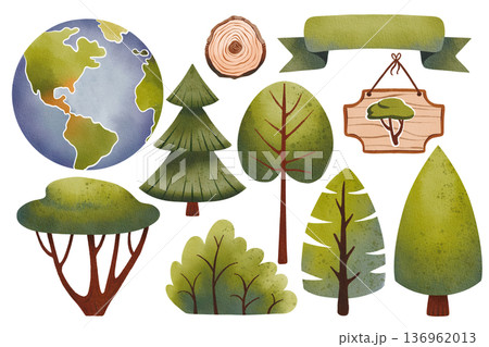 Set of green trees or forest elements for the environment or garden. Hand drawn watercolor illustration of a planet with plants. 136962013
