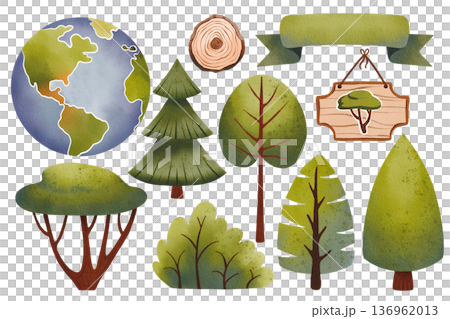 Set of green trees or forest elements for the environment or garden. Hand drawn watercolor illustration of a planet with plants. 136962013