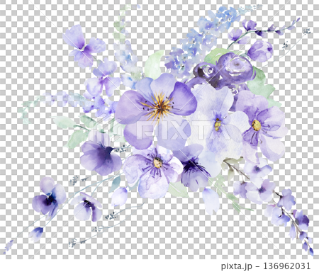 Watercolor purple garden flower bouquet, romantic pastel floral illustration for wedding stationery Watercolor purple garden flower bouquet, romantic pastel floral illustration for wedding stationery 136962031