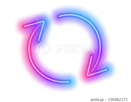 Neon arrow with glowing circular light effect on dark background. Futuristic red and blue gradient design with dynamic speed lines and electric energy glow. 136962171
