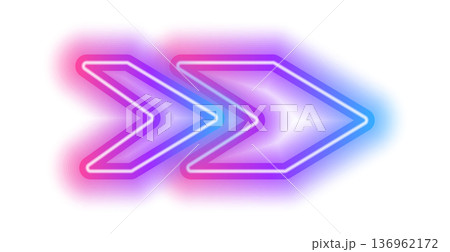 Neon arrow glowing with vibrant light effects, futuristic digital design with red and blue gradients, dynamic movement symbol for tech concepts and modern arrow graphics. 136962172