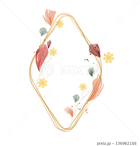 Diamond shaped watercolor frame features elegant golden lines. Delicate yellow flowers, blush pink leaves, and soft green foliage adorn the decorative border, creating a serene botanical design. Diamond shaped watercolor frame features elegant golden lines. Delicate yellow flowers, blush pink leaves, and soft green foliage adorn the decorative border, creating a serene botanical design. 136962188