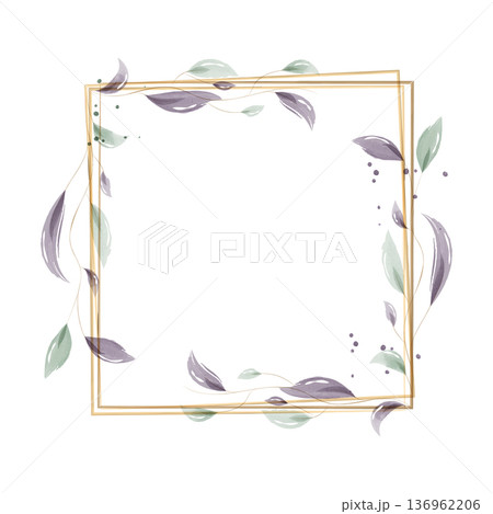 A square golden frame is adorned with delicate watercolor leaves. These leaves, in shades of green and purple, gently twine around the frame. A square golden frame is adorned with delicate watercolor leaves. These leaves, in shades of green and purple, gently twine around the frame. 136962206