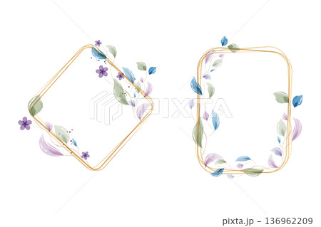 Two elegant watercolor frames feature delicate gold outlines. Adorned with soft green and blue leaves and small purple flowers, these botanical designs provide a gentle decorative border. 136962209