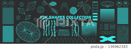 Abstract geometry hud wireframe shapes and patterns, cyberpunk elements, icon s and perspective grid s. Surreal geometric signs. Rave psychedelic futuristic Y2k acid aesthetic set. Vector illustration Abstract geometry hud wireframe shapes and patterns, cyberpunk elements, icon s and perspective grid s. Surreal geometric signs. Rave psychedelic futuristic Y2k acid aesthetic set. Vector illustration 136962383