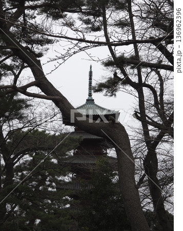 池上本門寺に建つ重要文化財の五重塔と冬の木々 136962396