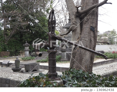寺院の境内に設置された古い鉄製の手押しポンプと石灯籠 寺院の境内に設置された古い鉄製の手押しポンプと石灯籠 136962438