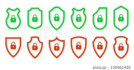 Set of shield icons with lock and unlock symbols in green and red outlines. Various shield shapes featuring padlocks, ideal for representing security, access control, and privacy in modern vector Set of shield icons with lock and unlock symbols in green and red outlines. Various shield shapes featuring padlocks, ideal for representing security, access control, and privacy in modern vector 136962480