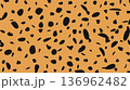 Random Leopard Spot Design. Cheetah Print Dot Pattern. Irregular Black Spot on Orange Background. Seamless Animal Graphic Style. Vector Illustration with Wild Inspired Polkadot 136962482