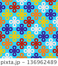 Seamless pattern of colorful floral shapes on a bright background. Abstract design with playful aesthetics. For fashion, textiles, home decor, and print. High quality vector illustration with elements 136962489