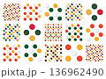 Set of colorful seamless polka dot patterns with colorful round and circle shapes. Minimal aesthetic with artistic appeal. Modern geometric vector designs for wallpapers and backgrounds. 136962490