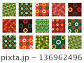 Seamless vector patterns with festive rings and circles, ideal for Christmas, Xmas, and New Year themes. Perfect for holiday backgrounds, textiles, seasonal decor, and cheerful wallpaper designs 136962496