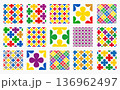 Set of seamless vector patterns featuring clover like flower shapes in a colorful checkered design. Geometric arrangement with modern aesthetic, perfect for backgrounds, wallpapers, and prints 136962497