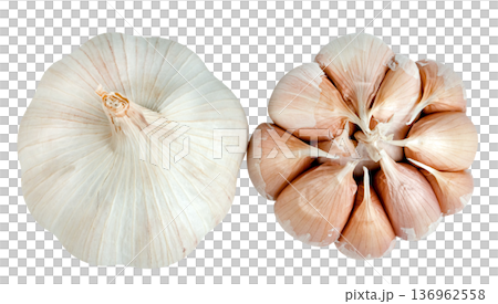 Top view of two garlic bulbs isolated on white. One whole head with papery skin and one opened to reveal individual cloves in a radial pattern. Fresh organic ingredient for culinary use. Top view of two garlic bulbs isolated on white. One whole head with papery skin and one opened to reveal individual cloves in a radial pattern. Fresh organic ingredient for culinary use. 136962558