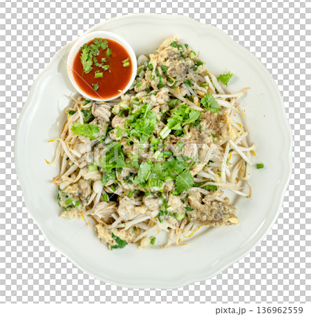 Traditional Thai crispy oyster omelette known as Hoi Tod served with fresh bean sprouts and spicy chili sauce on a white plate. Top view isolated. Delicious Asian street food. Traditional Thai crispy oyster omelette known as Hoi Tod served with fresh bean sprouts and spicy chili sauce on a white plate. Top view isolated. Delicious Asian street food. 136962559