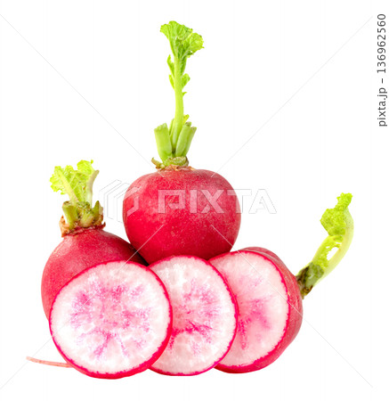 Fresh red radishes with green sprouts and round slices isolated. Crisp organic garden vegetables for healthy cooking and salad. Professional studio shot of raw vibrant roots. Fresh red radishes with green sprouts and round slices isolated. Crisp organic garden vegetables for healthy cooking and salad. Professional studio shot of raw vibrant roots. 136962560