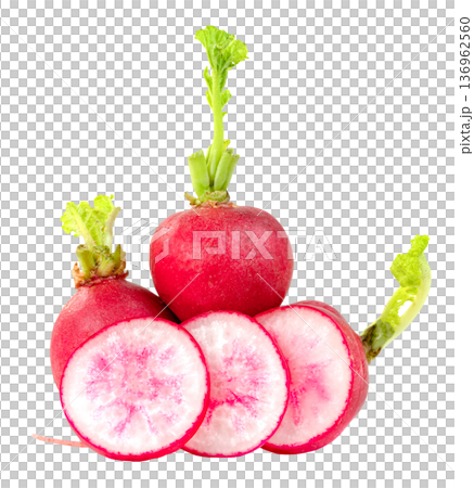 Fresh red radishes with green sprouts and round slices isolated. Crisp organic garden vegetables for healthy cooking and salad. Professional studio shot of raw vibrant roots. Fresh red radishes with green sprouts and round slices isolated. Crisp organic garden vegetables for healthy cooking and salad. Professional studio shot of raw vibrant roots. 136962560