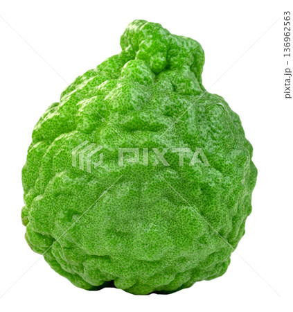 Whole fresh bergamot fruit with bumpy green skin isolated. Kaffir lime citrus fruit for aromatherapy, cooking, and traditional medicine. High quality macro shot of organic fruit. 136962563