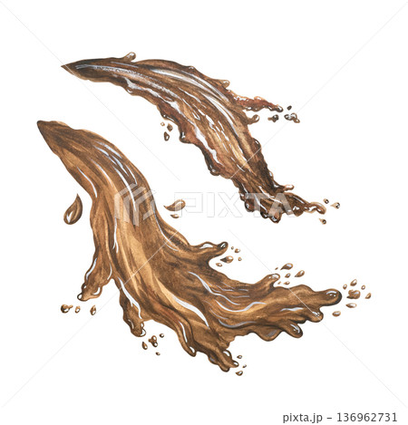 Watercolor liquid pouring stream of coffee or cola. Brown splashes of hot chocolate on a white background. Dynamically falling realistic drink. Watercolor liquid pouring stream of coffee or cola. Brown splashes of hot chocolate on a white background. Dynamically falling realistic drink. 136962731