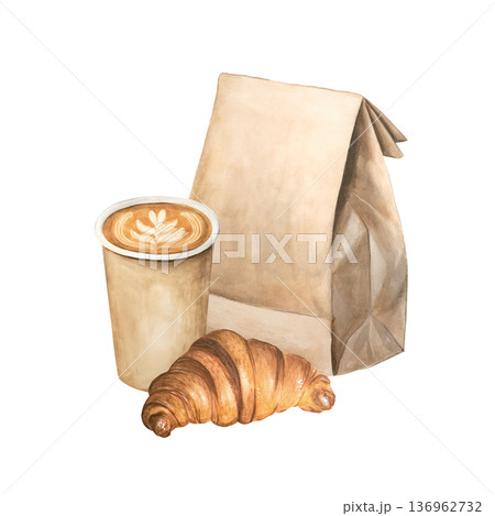 A cup of cappuccino coffee to go with a croissant. Hand-drawn watercolor illustration of a takeaway breakfast on a white background. Illustration for menus, coffee shops, and print. 136962732