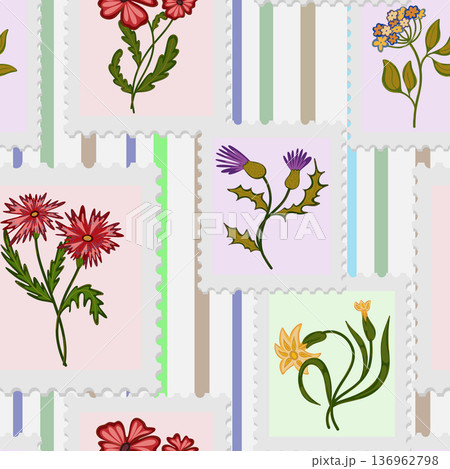 A seamless pattern of postage stamps with a floral design. Spring vector striped background in a folk art style. A seamless pattern of postage stamps with a floral design. Spring vector striped background in a folk art style. 136962798