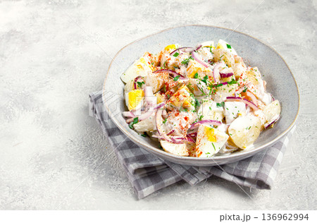 potato and egg salad, red onion, with mayonnaise, homemade, no people, 136962994