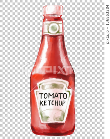 Tomato sauce Ketchup in glass bottle watercolor painting illustartion food condiment art 136963284