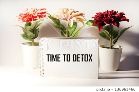 The time to detox is written on a notebook, next to potted flowers on a light background The time to detox is written on a notebook, next to potted flowers on a light background 136963466