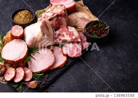 Different meat, sausages, ham and smoked pork Different meat, sausages, ham and smoked pork 136963588