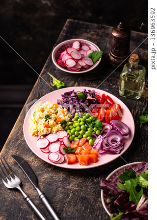 Balanced healthy bowl with vegetables and salmon Balanced healthy bowl with vegetables and salmon 136963592