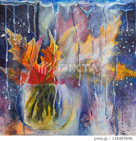 Autumn leaves in vibrant vase painted in expressive mixed media with splashes, textures, and flowing lines. Concept of autumn mood, seasonal nostalgia, inner transformation awareness 136963690