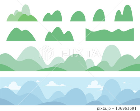 シームレスな山並みの風景と山のイラスト素材セット 136963691