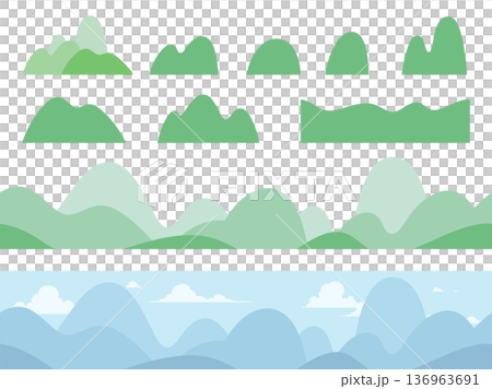 シームレスな山並みの風景と山のイラスト素材セット 136963691