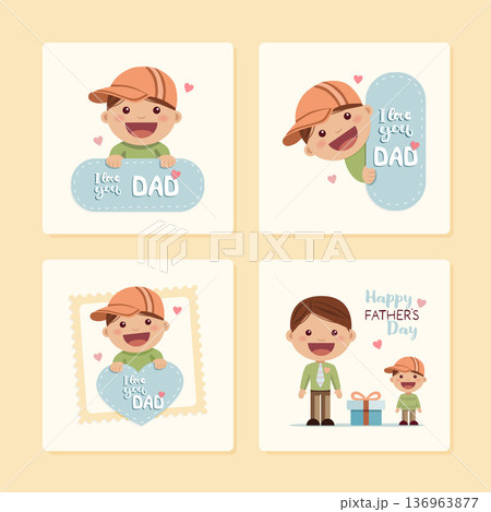 Set of illustrations of a boy congratulating his father on Fathers Day 136963877
