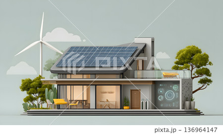 Smart home with solar panels, wind turbine, and energy system. 136964147