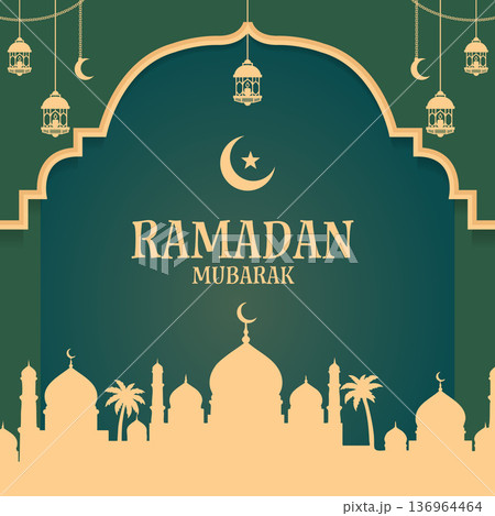 Ramadan Mubarak Greeting Islamic Background with Golden Lantern 136964464