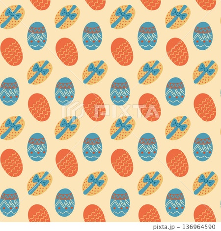 Seamless pattern with easter egg and gift bow on beige background. Festive spring ornament for holiday wrapping paper and textile concept Seamless pattern with easter egg and gift bow on beige background. Festive spring ornament for holiday wrapping paper and textile concept 136964590