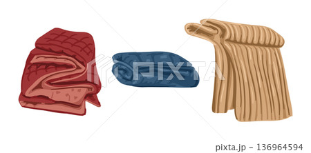 Set of folded blanket and plaid in different color isolated on white background. Home textile collection for comfort interior and cozy lifestyle concept Set of folded blanket and plaid in different color isolated on white background. Home textile collection for comfort interior and cozy lifestyle concept 136964594