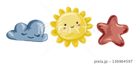 Set of sun cloud and star plush toy isolated on white background. Cute nursery illustration for childhood imagination and weather concept Set of sun cloud and star plush toy isolated on white background. Cute nursery illustration for childhood imagination and weather concept 136964597