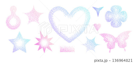 Gradient stipple noise vector set with holographic heart, star, butterfly and cloud shapes on white. Trendy Y2K dotwork symbols with pink and blue ombre effect for social media and creative design. 136964821