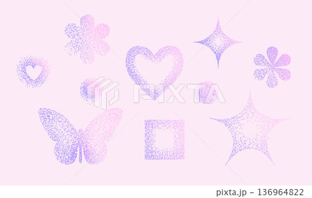 Pink and violet grain gradient geometric shapes set. Y2k noise circle, star, flower, butterfly and heart forms. Ombre dotted stippling icons. Trendy effect textured figures. Vector gritty design. 136964822